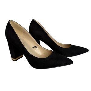 Marc Fisher Gildy black suede pointed-toe pump gold trim chunky heel SIZE 5.5